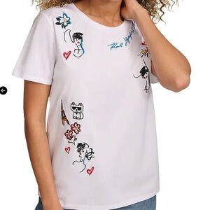 Karl Lagerfeld Embroidered Logo Whimsy Short Sleeve Tee Sketch Artwork Paris